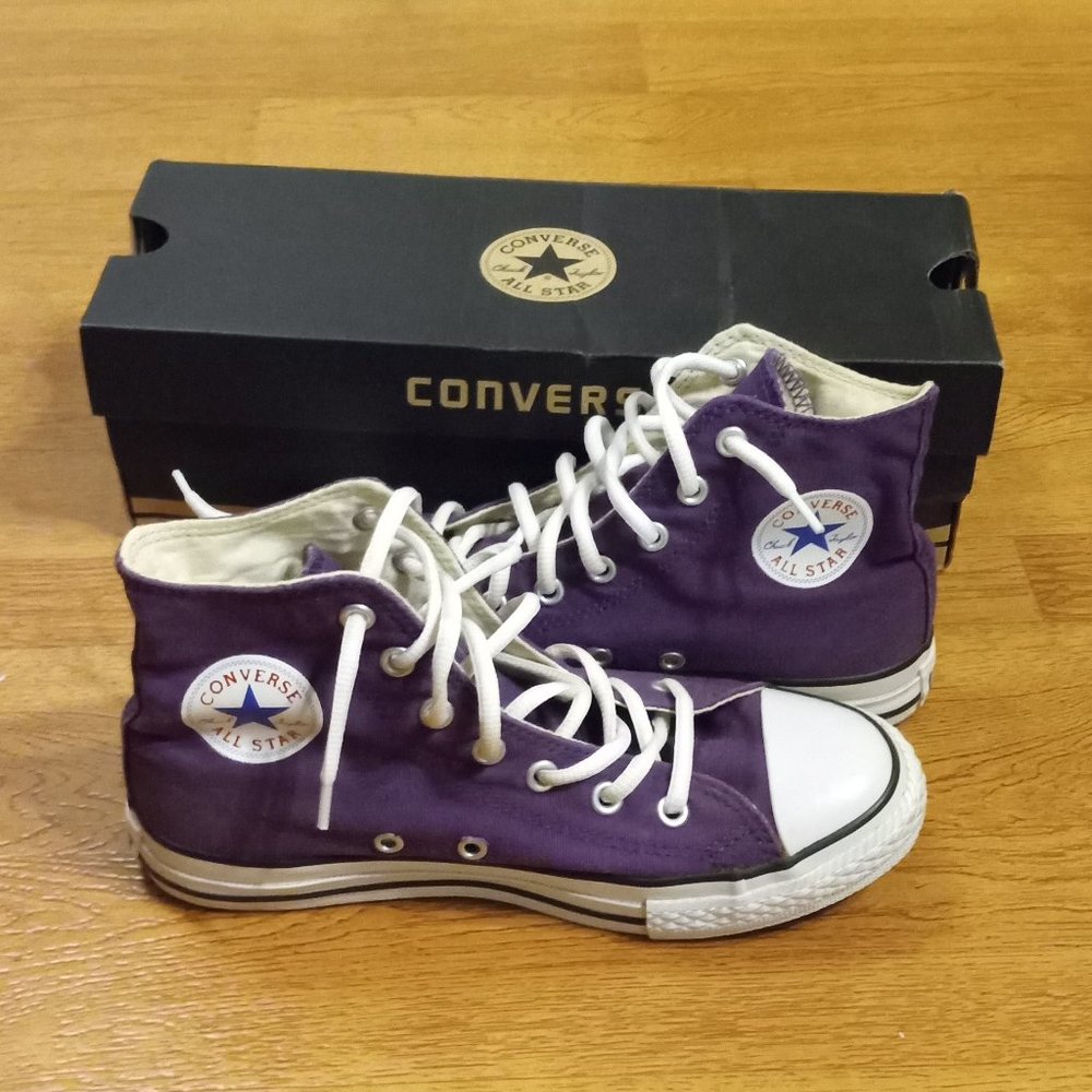 Youth Size 3 Purple/White High-Top Converse.